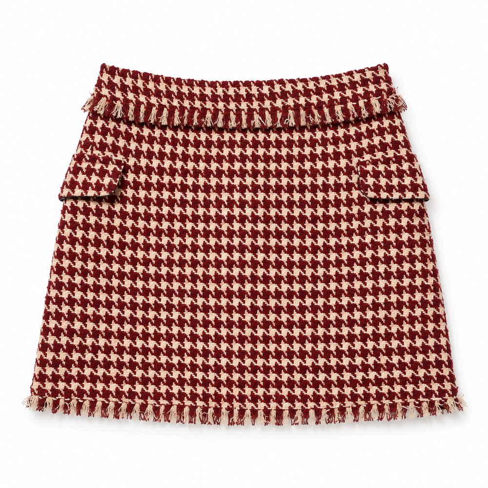Walter Baker Mimi Skirt Womens Size 12 Red Tweed Houndstooth Fringe Lined NWT
